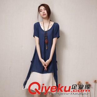 亞麻/棉麻短袖/中袖連衣裙 2015女夏新款棉麻顯瘦黑白豎條紋裙韓版蝴蝶結(jié)圓領(lǐng)短袖中長連衣裙