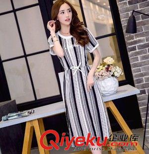 亞麻/棉麻短袖/中袖連衣裙 韓國東大門代購2015時尚撞色條紋修身顯瘦棉麻中長款連衣裙女裝