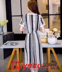 亞麻/棉麻短袖/中袖連衣裙 2015女夏新款棉麻顯瘦黑白豎條紋裙韓版蝴蝶結(jié)圓領(lǐng)短袖中長連衣裙原始圖片2