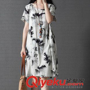 亞麻/棉麻短袖/中袖連衣裙 2015夏季韓版寬松大碼女裝短袖水墨印花氣質(zhì)棉麻印花連衣裙