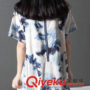 亞麻/棉麻短袖/中袖連衣裙 2015夏季韓版寬松大碼女裝短袖水墨印花氣質(zhì)棉麻印花連衣裙