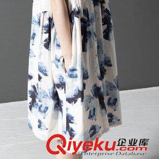 亞麻/棉麻短袖/中袖連衣裙 2015夏季韓版寬松大碼女裝短袖水墨印花氣質(zhì)棉麻印花連衣裙