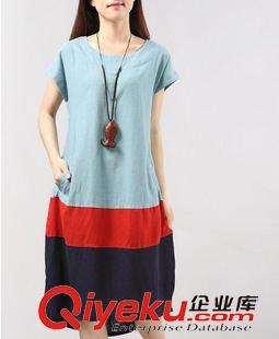 亞麻/棉麻短袖/中袖連衣裙 2015夏季女裝新款三色拼接文藝寬松大碼不規(guī)則下擺棉麻連衣裙