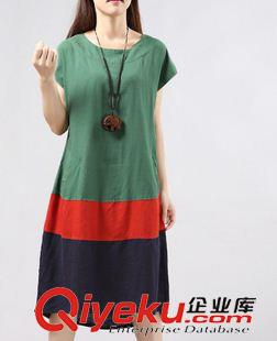 亞麻/棉麻短袖/中袖連衣裙 2015夏季女裝新款三色拼接文藝寬松大碼不規(guī)則下擺棉麻連衣裙