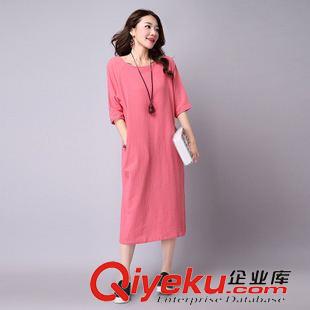 亞麻/棉麻短袖/中袖連衣裙 2015文藝棉麻文理亞麻長(zhǎng)款大碼連衣裙素色V領(lǐng)寬松A字裙