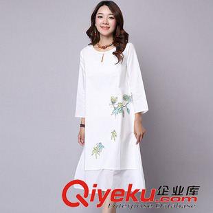 亞麻/棉麻短袖/中袖連衣裙 女裝2015新款 重工刺繡繡花 民族連衣裙