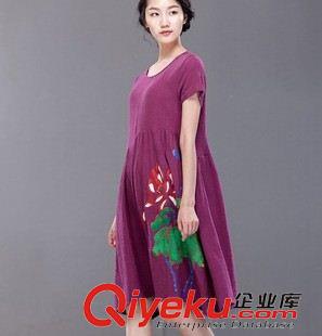 亞麻/棉麻短袖/中袖連衣裙 2015夏季原創(chuàng)新款手繪荷花亞麻女裝寬松顯瘦大碼不規(guī)則連衣裙