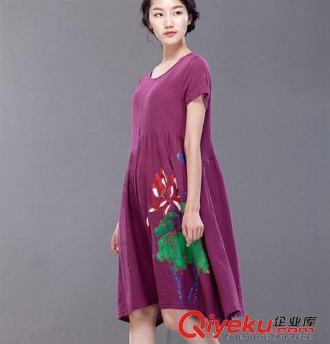亞麻/棉麻短袖/中袖連衣裙 2015夏季原創(chuàng)新款手繪荷花亞麻女裝寬松顯瘦大碼不規(guī)則連衣裙