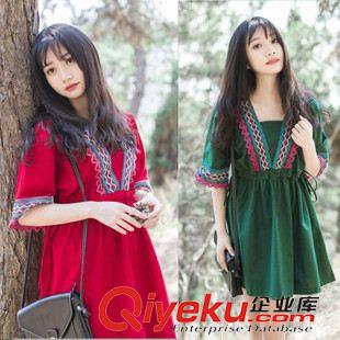 亞麻/棉麻短袖/中袖連衣裙 實拍 森女V領棉麻民族風中袖寬松五分袖連衣裙 棉麻原始圖片2
