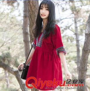 亞麻/棉麻短袖/中袖連衣裙 實拍 森女V領棉麻民族風中袖寬松五分袖連衣裙 棉麻原始圖片3