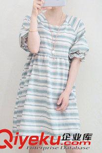 亞麻/棉麻短袖/中袖連衣裙 棉麻連衣裙夏短袖韓版寬松亞麻娃娃裙2015韓國休閑條紋連衣裙原始圖片2