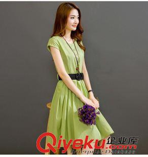 亞麻/棉麻短袖/中袖連衣裙 2015女裝夏季新款棉麻連衣裙復(fù)古文藝大擺長(zhǎng)裙短袖圓領(lǐng)亞麻原始圖片2