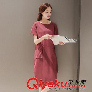 亞麻/棉麻短袖/中袖連衣裙 2015夏季新款女裝 民族風棉麻寬松中長款口袋短袖連衣裙代理加盟原始圖片3