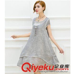 亞麻/棉麻短袖/中袖連衣裙 2015夏季新款女裝 民族風棉麻寬松中長款口袋短袖連衣裙代理加盟