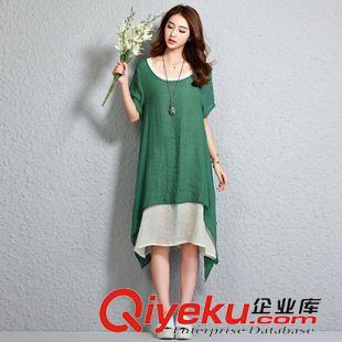 亞麻/棉麻短袖/中袖連衣裙 dmmm2015夏新款女 波希米亞不規(guī)則拼色亞麻假兩件長寬連衣裙原始圖片3