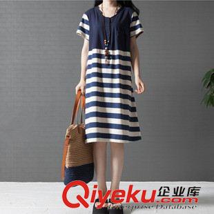 亞麻/棉麻短袖/中袖連衣裙 2015夏季韓版新款寬松大碼女裝條紋拼接短袖棉麻中長連衣裙女原始圖片2