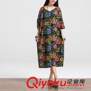 亞麻/棉麻短袖/中袖連衣裙 2015夏季棉麻連衣裙 復(fù)古大碼V領(lǐng)喜鵲鳥印花袍子 中袖長(zhǎng)袍棉麻