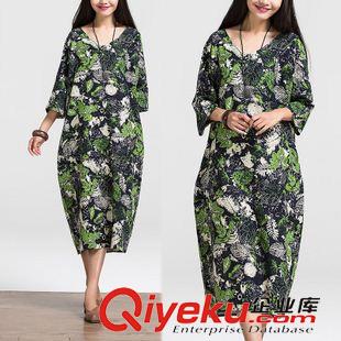 亞麻/棉麻短袖/中袖連衣裙 2015夏季棉麻連衣裙 復(fù)古大碼V領(lǐng)喜鵲鳥印花袍子 中袖長(zhǎng)袍棉麻