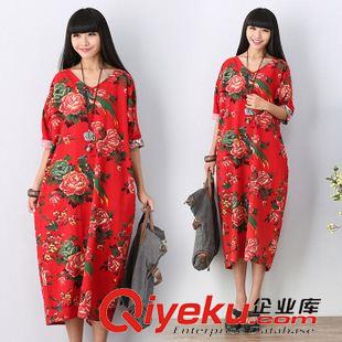 亞麻/棉麻短袖/中袖連衣裙 2015夏季棉麻連衣裙 復(fù)古大碼V領(lǐng)喜鵲鳥印花袍子 中袖長(zhǎng)袍棉麻