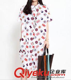 亞麻/棉麻短袖/中袖連衣裙 2015新款韓版寬松中長款文藝棉麻休閑胖MM寬松字母短袖襯衣