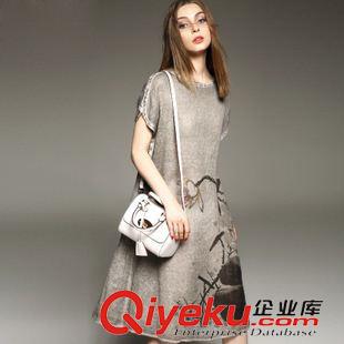 亞麻/棉麻短袖/中袖連衣裙 2015新品女裝夏季歐美時尚印花連衣裙棉麻中長裙短袖A字裙