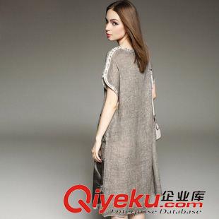 亞麻/棉麻短袖/中袖連衣裙 2015新品女裝夏季歐美時尚印花連衣裙棉麻中長裙短袖A字裙