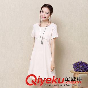 亞麻/棉麻短袖/中袖連衣裙 2015夏季新款韓版亞麻連衣裙純色亞麻打底裙圓領(lǐng)短袖寬松連衣裙