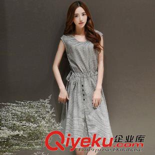 亞麻/棉麻短袖/中袖連衣裙 韓版2015夏季新款無袖連衣裙圓領無袖細條紋棉麻連衣裙中裙a字裙
