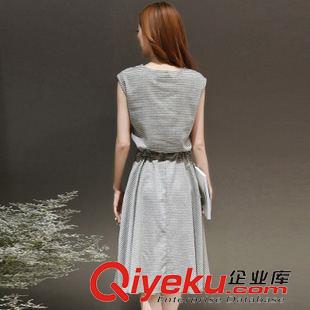 亞麻/棉麻短袖/中袖連衣裙 韓版2015夏季新款無袖連衣裙圓領無袖細條紋棉麻連衣裙中裙a字裙