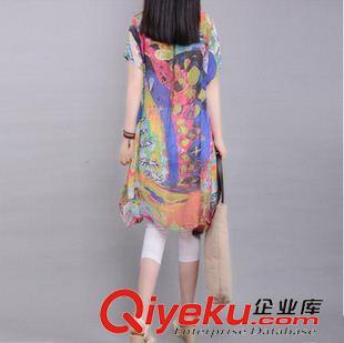 亞麻/棉麻短袖/中袖連衣裙 2015夏季新款大碼女裝民族風(fēng)印花棉麻不規(guī)則短袖連衣裙子