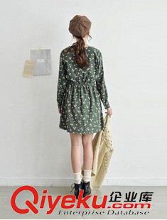 亞麻/棉麻短袖/中袖連衣裙 外貿(mào)批發(fā) 2015春季韓版小清新碎花連衣裙 收腰長袖棉麻連衣短裙