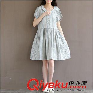 亞麻/棉麻短袖/中袖連衣裙 棉麻連衣裙夏短袖韓版寬松亞麻娃娃裙2015韓國休閑條紋連衣裙女裝