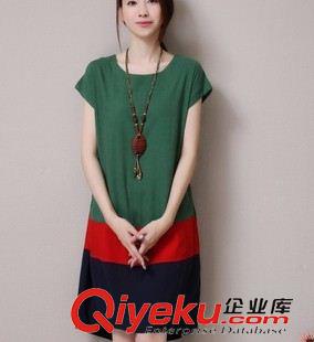 亞麻/棉麻短袖/中袖連衣裙 2015中韓版棉麻女裝文藝范大碼胖mm撞色拼接短袖連衣裙