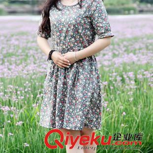亞麻/棉麻短袖/中袖連衣裙 日系2015森女系復(fù)古文藝棉麻寬松大碼森女碎花純棉連衣裙