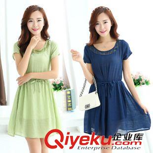 亞麻/棉麻短袖/中袖連衣裙 夏季新款品牌女裝韓版連衣裙圓領(lǐng)蕾絲寬松短袖dmmm 連衣裙 潮