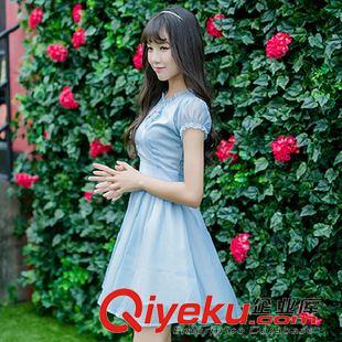 亞麻/棉麻短袖/中袖連衣裙 2015夏季新款連衣裙 復古淑女木耳邊旗袍繡花短裙