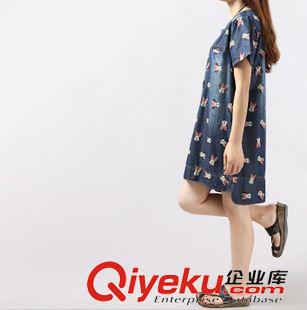 亞麻/棉麻短袖/中袖連衣裙 2015夏季韓版新款牛仔休閑大碼女裝米老鼠印花棉短袖連衣裙