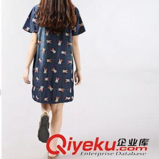 亞麻/棉麻短袖/中袖連衣裙 2015夏季韓版新款牛仔休閑大碼女裝米老鼠印花棉短袖連衣裙