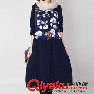 亞麻/棉麻長袖連衣裙 2014秋裝新款大碼女裝寬松文藝范拼接裙碎花長袖棉麻連衣裙長裙