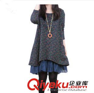 亞麻/棉麻長(zhǎng)袖連衣裙 2014秋裝新款女裝寬松大碼文藝范繡花長(zhǎng)袖棉麻連衣裙