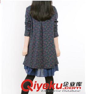 亞麻/棉麻長袖連衣裙 寬松大碼連衣裙2014秋冬新款碎花圓領長袖假兩件連衣裙女 爆款