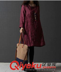 亞麻/棉麻長(zhǎng)袖連衣裙 2014秋裝新款女裝寬松大碼文藝范繡花長(zhǎng)袖棉麻連衣裙
