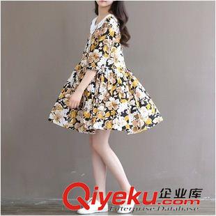 亞麻/棉麻長(zhǎng)袖連衣裙 2015夏裝新款森女系大碼女裝印花竹節(jié)棉雙層娃娃領(lǐng)五分抽連衣裙
