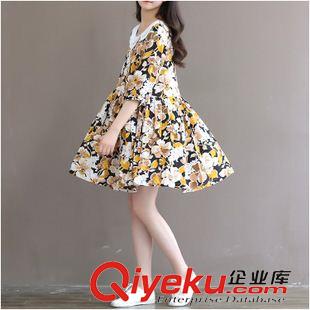 亞麻/棉麻長(zhǎng)袖連衣裙 2015夏裝新款森女系大碼女裝印花竹節(jié)棉雙層娃娃領(lǐng)五分抽連衣裙