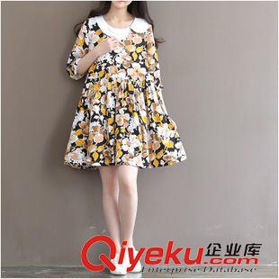 亞麻/棉麻長(zhǎng)袖連衣裙 2015夏裝新款森女系大碼女裝印花竹節(jié)棉雙層娃娃領(lǐng)五分抽連衣裙