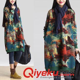 亞麻/棉麻長袖連衣裙 2015個性印染休閑長袖大碼色 女韓版寬松衛(wèi)衣裙長休閑連衣裙