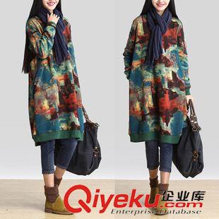 亞麻/棉麻長袖連衣裙 2015個性印染休閑長袖大碼色 女韓版寬松衛(wèi)衣裙長休閑連衣裙