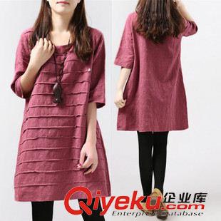 亞麻/棉麻長袖連衣裙 2015春季新款森女系棉麻 圓點(diǎn)舒適休閑中袖襯衣連衣裙