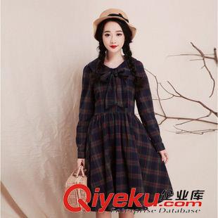 亞麻/棉麻長袖連衣裙 2015秋裝冬裝新款復(fù)古森女學(xué)院風(fēng)文藝格子娃娃領(lǐng)蝴蝶結(jié)長袖連衣裙