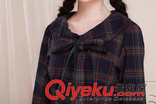 亞麻/棉麻長袖連衣裙 2015秋裝冬裝新款復(fù)古森女學(xué)院風(fēng)文藝格子娃娃領(lǐng)蝴蝶結(jié)長袖連衣裙